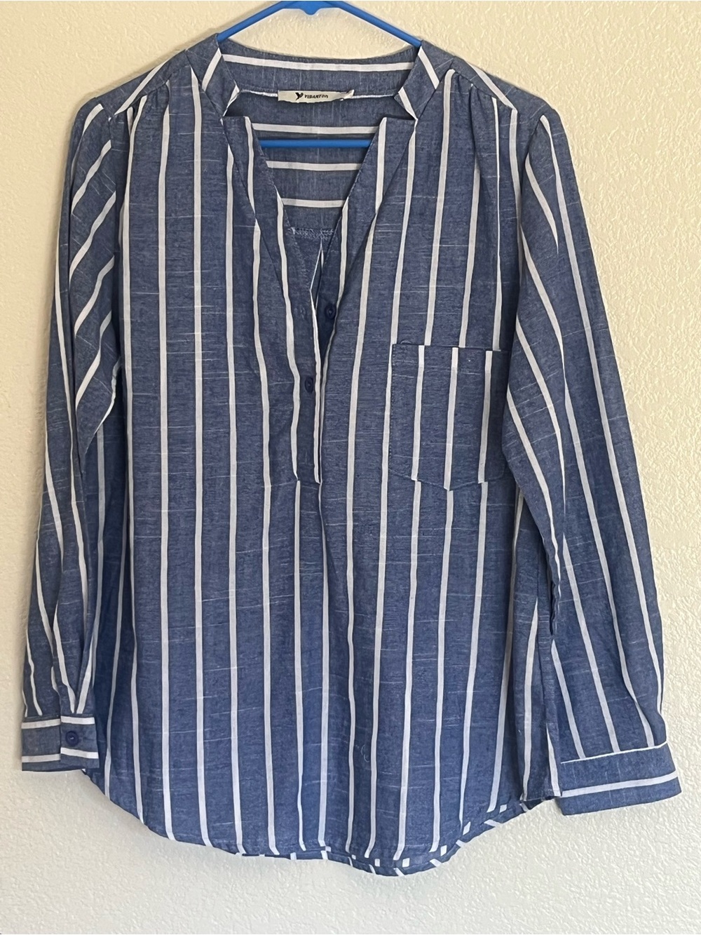 Women’s Blue & White Vertical Stripe Button-Down Shirt